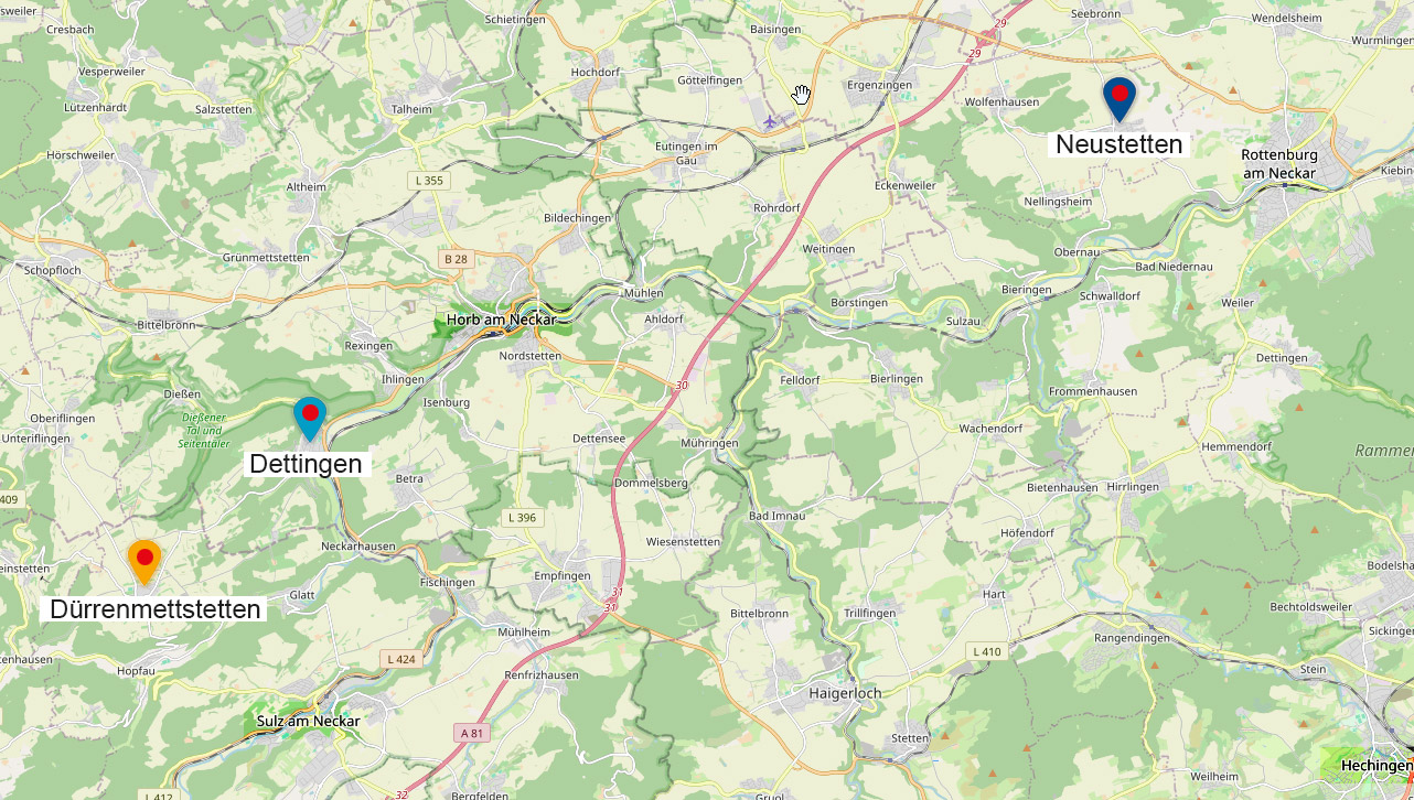 Anfahrtskarte zu den Praxisstandorten der LandDocs Neckar: Neustetten, Dettingen, Dürrenmettstetten am Neckar